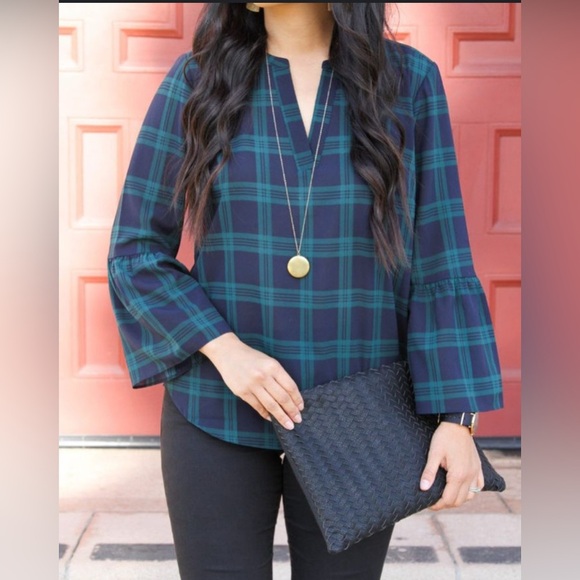 J. Crew Factory Tops - J.Crew Factory Black Watch Plaid Bell Sleeve Top – Size Small Festive Holiday